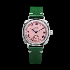 Thorn T002 with pink dial on a green leather strap