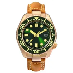San Martin SN038-Q with green sunburst dial and date window on tan leather