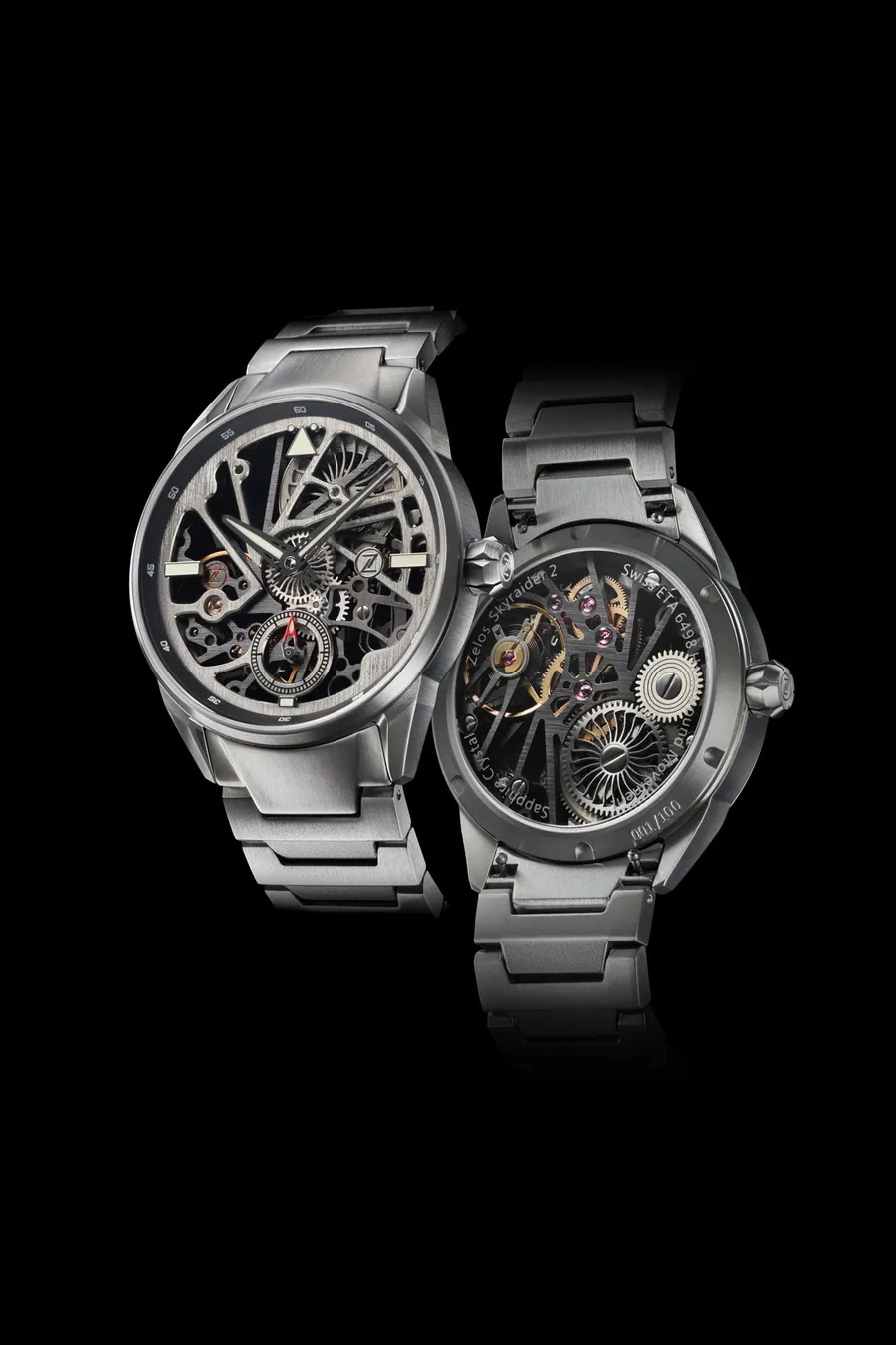 Zelos Skyraider 2 Ti Skeleton, skeletonised ETA 6498-1 seen from the front and through the sapphire back, on titanium bracelet