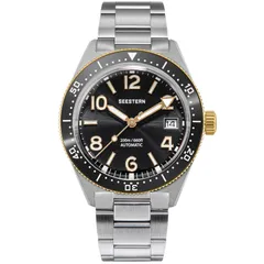 Seestern S434-2.06 with black dial, black ceramic bezel and gold-tone bezel edge and crown on steel bracelet