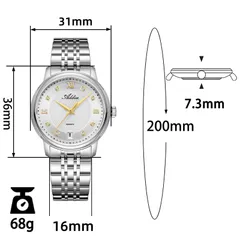 Addies AW25913 dimension graphic (31mm, 36mm lug-to-lug, 7.3mm, 16mm, 200mm, 68g)