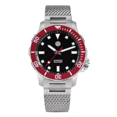 San Martin SN085-B with black dial and red bezel on mesh bracelet