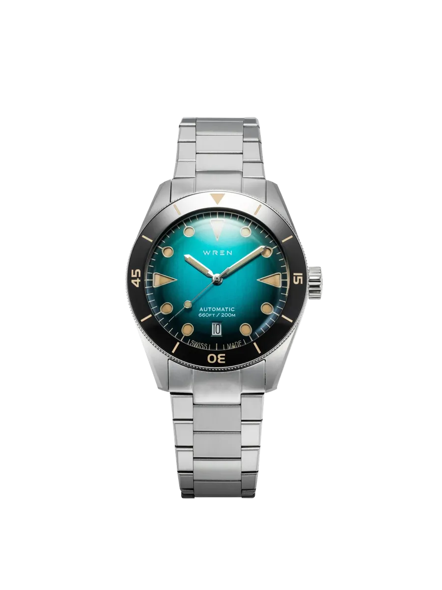 Wren Diver 38 Aqua, blue-green gradient dial with date at 6 and black lumed bezel, on flat-link bracelet