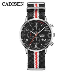 Cadisen C7067 quartz chronograph with black dial on a black striped nylon strap