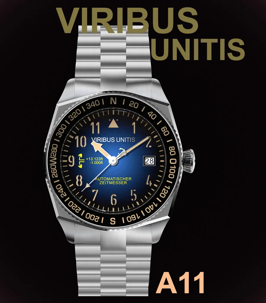 Viribus Unitis A11, titanium case, blue-black gradient dial, compass bezel, on titanium bracelet