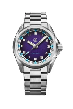 Zelos Swordfish Field 38mm in steel, purple fumé dial, on steel bracelet