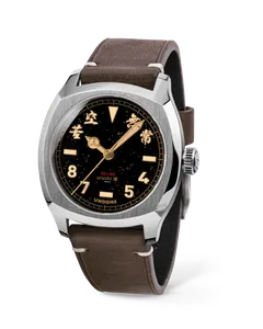 Undone Terra Simple Union Urushi with steel cushion case and black lacquer-style Cali dial with gold kanji on a dark leather strap