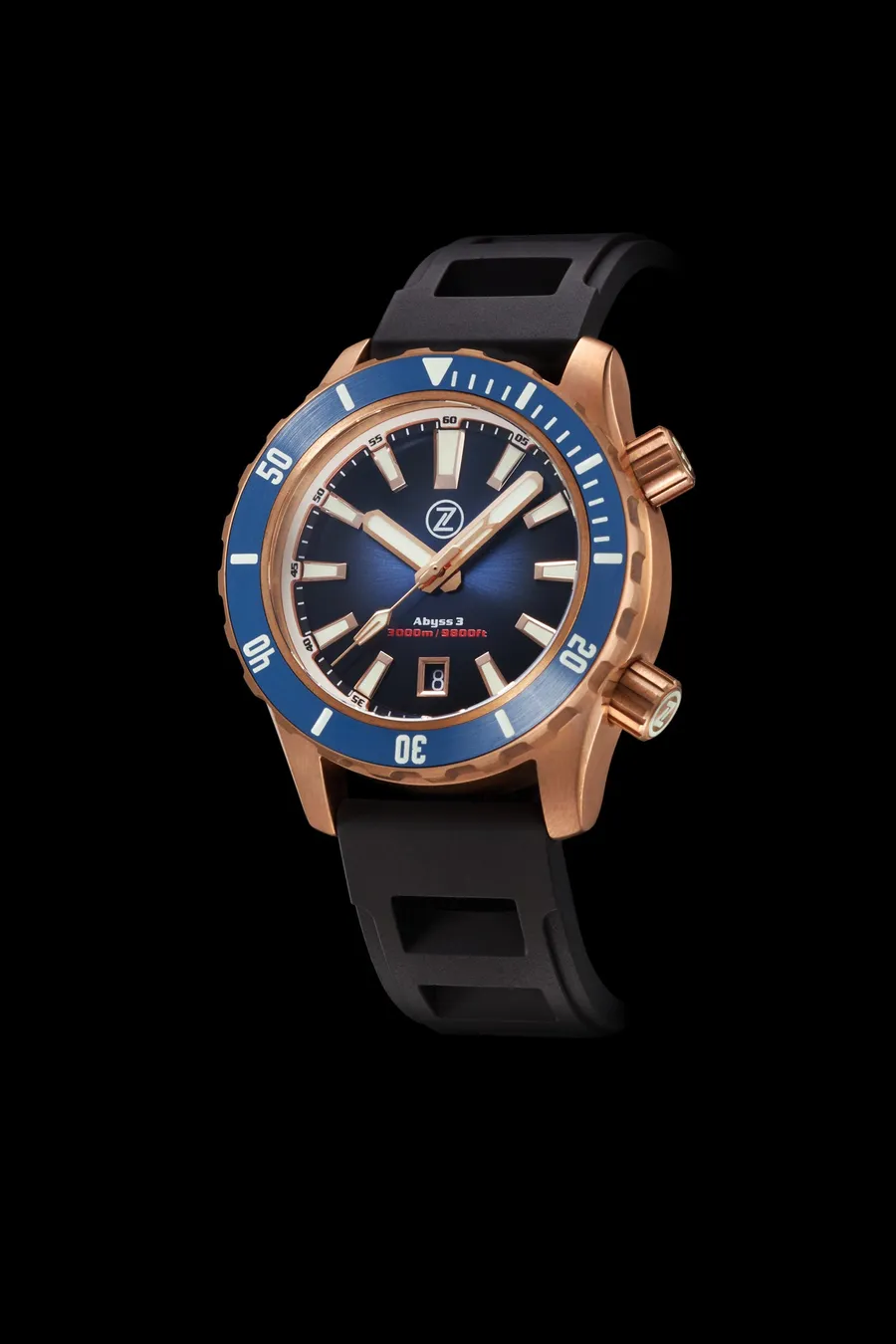 Zelos Abyss 3 3000m Bronze Midnight Blue, blue sunburst dial, blue ceramic bezel, twin crowns, on rubber strap