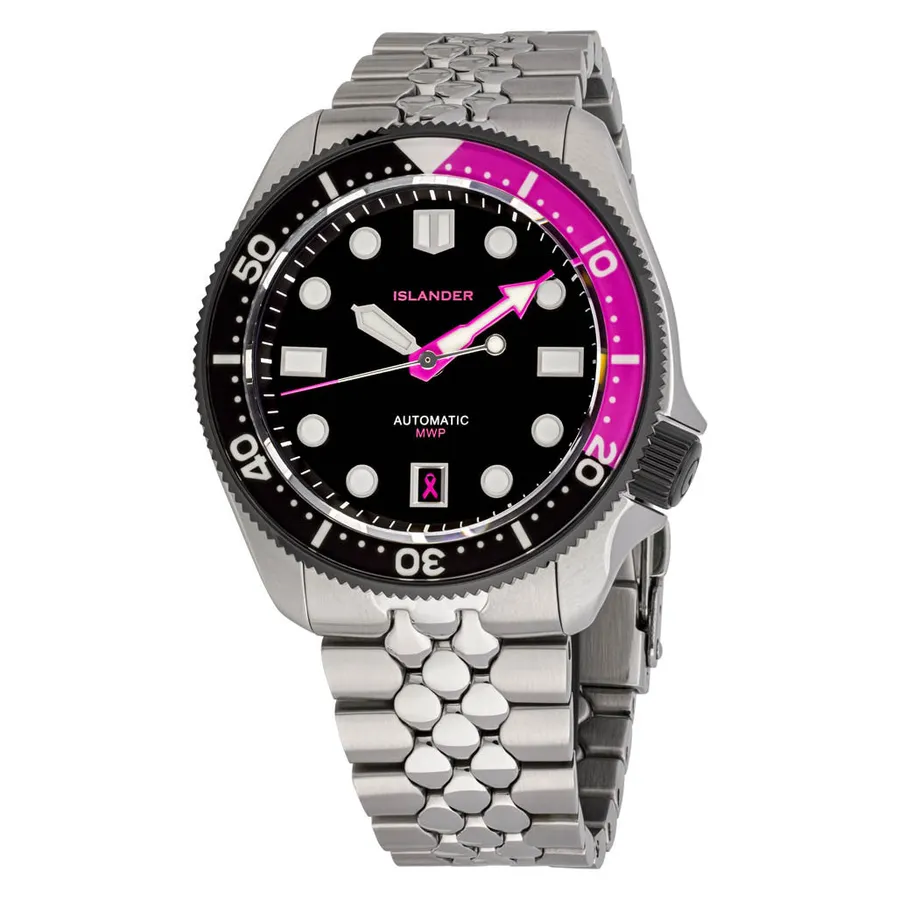 Islander MWP Men Wear Pink with black dial, pink minute hand, date at 6 and pink and black sapphire bezel on scales bracelet