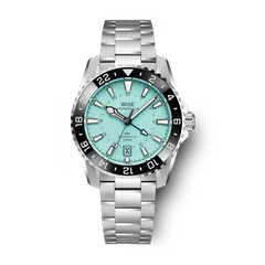 Wise Adamascus ADX133 True GMT in 904L steel, sandblasted mint blue dial and black bezel, on 904L bracelet