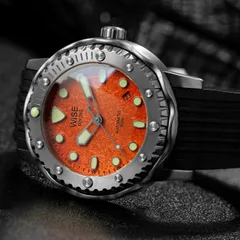 Wise Diving 300M Gen 3 Titanium DTB831 with orange brain coral dial on black rubber strap
