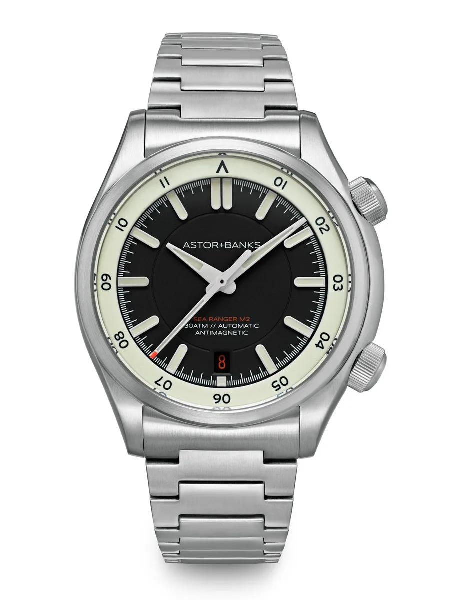 Astor+Banks Sea Ranger M2, matte black dial with lumed internal 12-hour ring, on steel bracelet