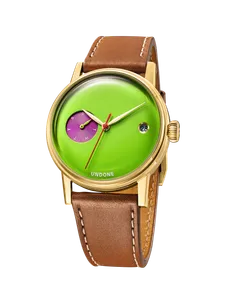 Undone Urban 37 Dorian with green dial, pink day subdial and gold-tone case on a brown leather strap