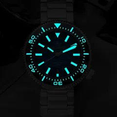 Addiesdive AD2069/AD2545 in the dark, markers, hands and the full bezel scale glowing blue