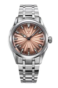 Zelos Helica Salmon (2025), salmon fumé guilloché dial with black hands