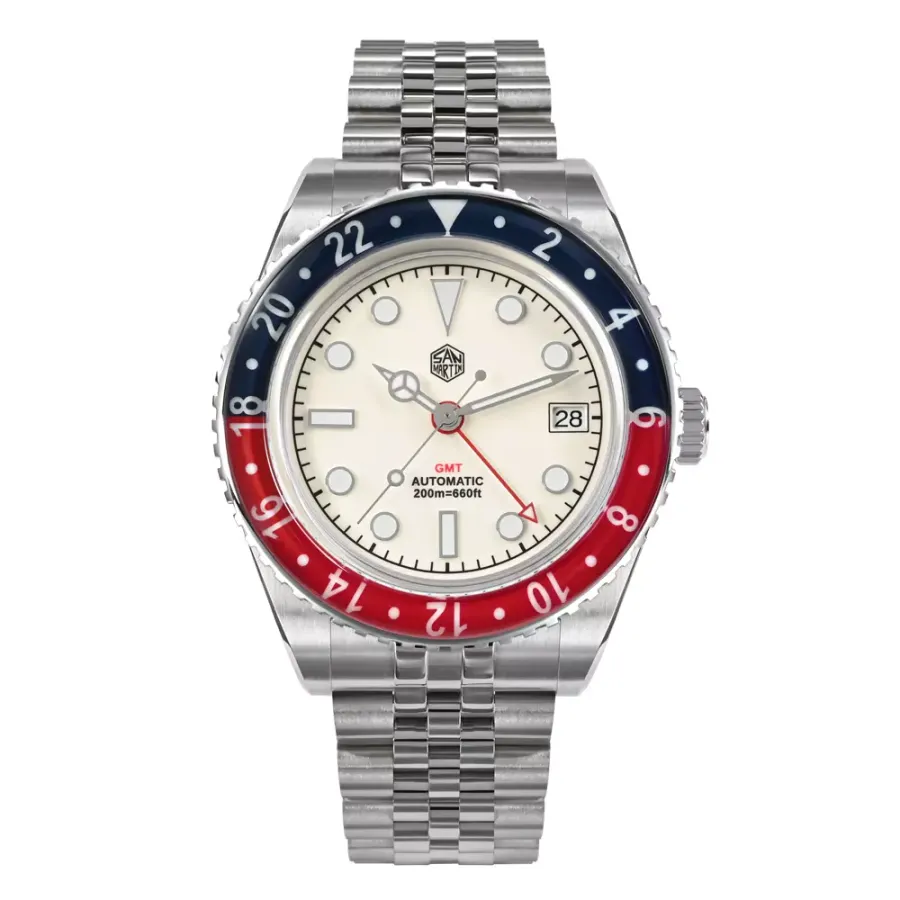 San Martin SN005-B2 GMT with enamel white dial, red and blue bezel, jubilee-style bracelet