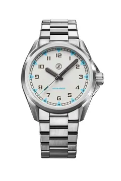 Zelos Swordfish Field 38mm in steel, fully lumed white dial with black hands, on steel bracelet