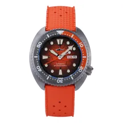 Heimdallr Titanium Mini Turtle with textured red gradient dial on orange rubber strap