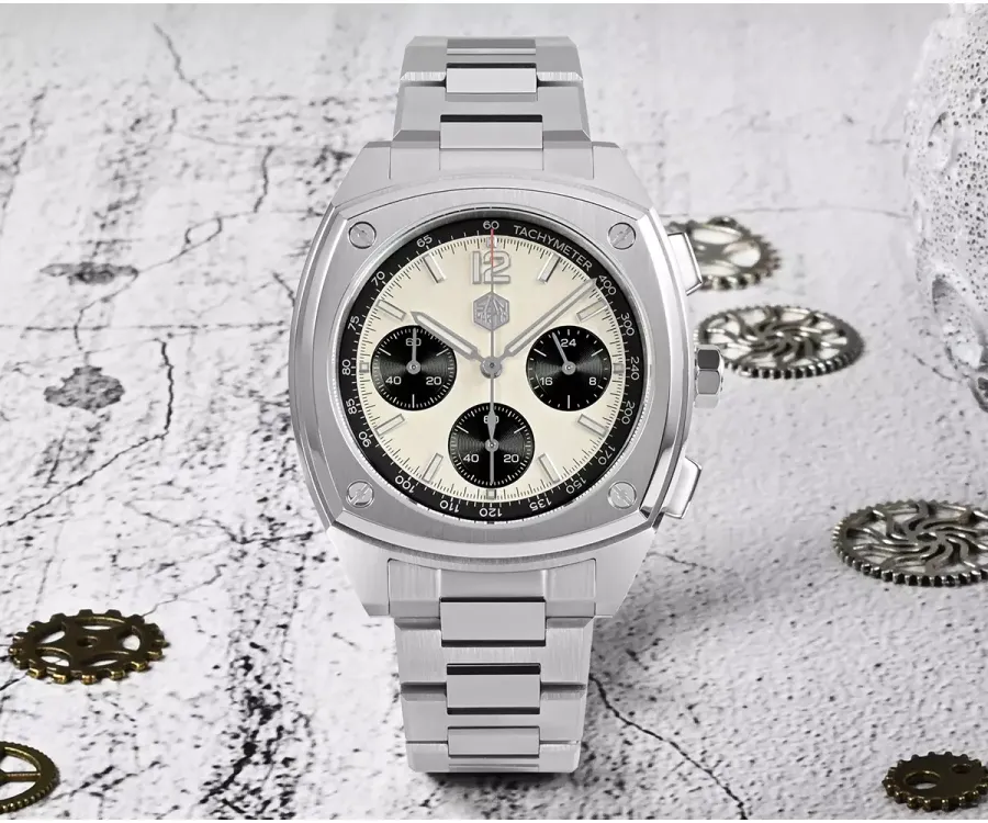 San Martin SN026-G-JS chronograph with white panda dial and tachymeter scale on steel bracelet