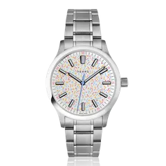 Fears Redcliff 39.5 Burlingame Edition Confetti with ivory confetti-print dial on the steel bracelet