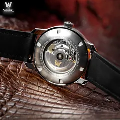 Wise Asura display caseback (904L SS, WR 100 M) showing the Sellita movement and printed rotor