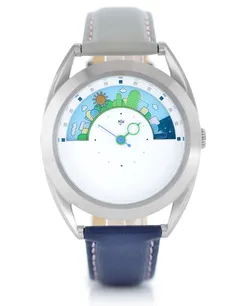 Mr Jones Sun and Moon Miyamoto, white dial with a Super Mario-style landscape in the crescent window and a small centre dial for minutes and seconds, steel case on navy and grey leather, front view