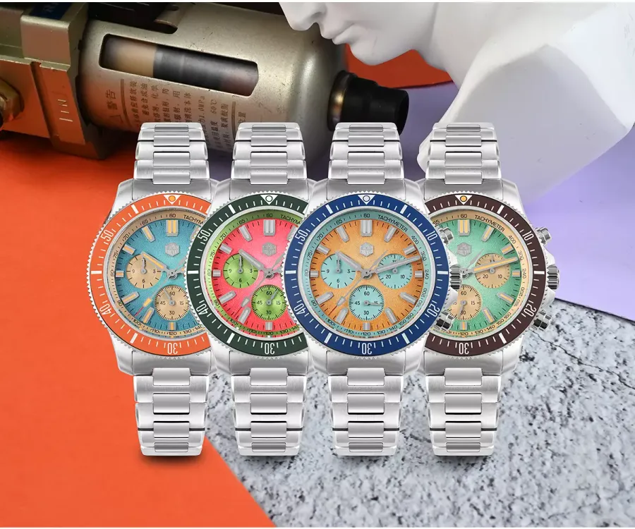 San Martin SN0118-JS chronographs with light blue, red, light orange and mint green gradient dials on three-link bracelets