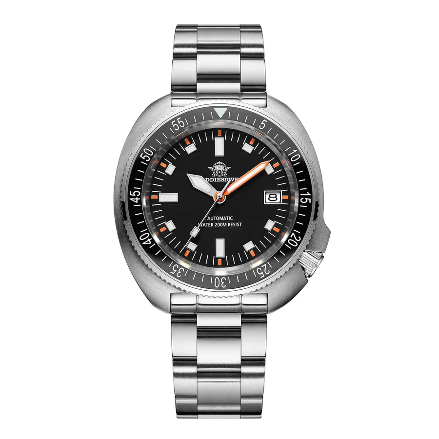 Addiesdive AD2081 with black dial, orange-accented hands and black bezel in a cushion case on a three-link bracelet