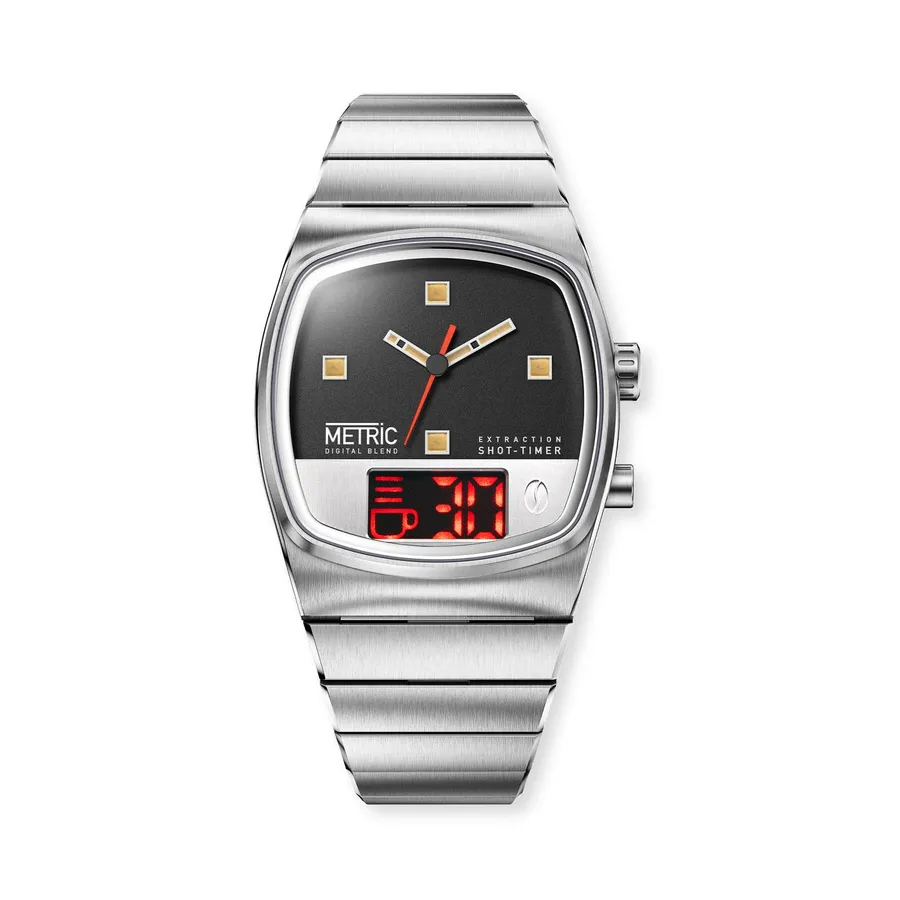 Brew Metric Digital Blend, gloss black dial with red LED shot timer, on steel bracelet