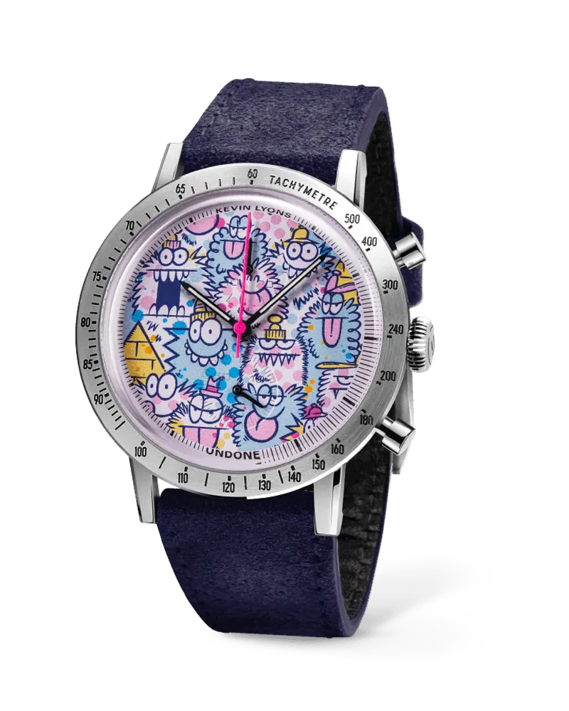 Undone Urban Sport Kevin Lyons Monsters Limited Edition chronograph with steel tachymeter bezel and a dial covered with pastel monsters on a blue suede strap
