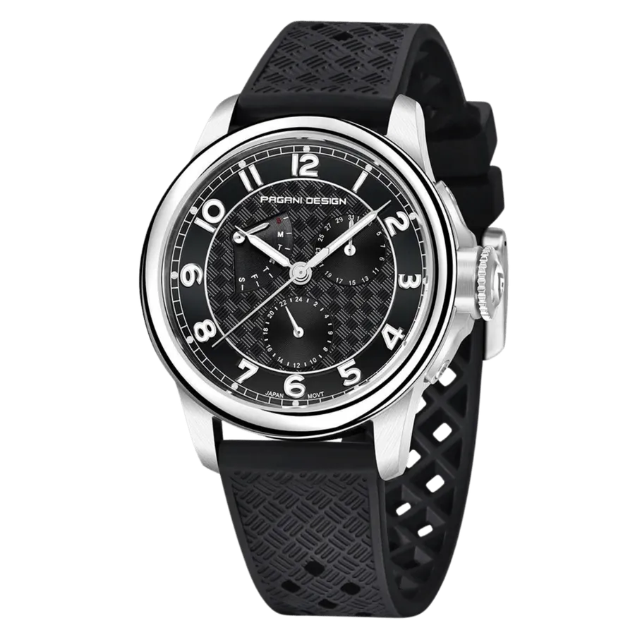 Pagani Design PD-1780 with black dial, day, date and 24-hour subdials, on black strap