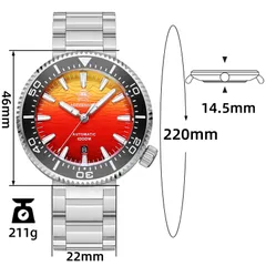 Addiesdive AD2526 dimension graphic (46mm, 14.5mm, 22mm, 220mm bracelet, 211g)
