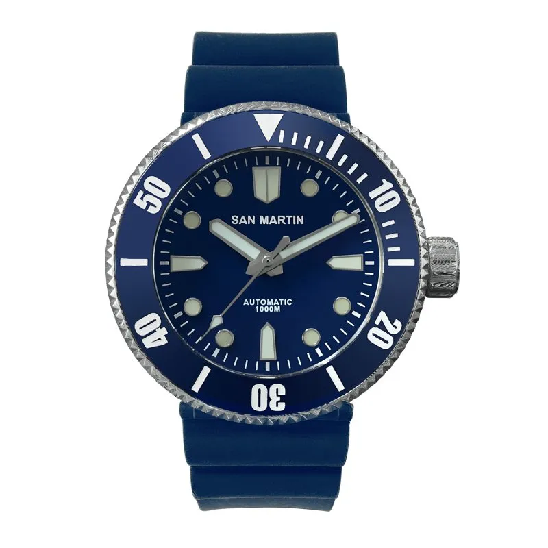San Martin SN001-D 46mm Damascus steel diver with blue dial and ceramic bezel