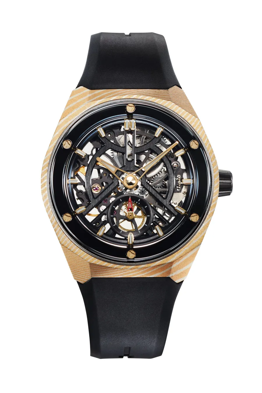Zelos Artemis Mokume, bronze-and-nickel mokume-gane case, skeletonised Marvin 700 with gold-tone hands, on black rubber strap