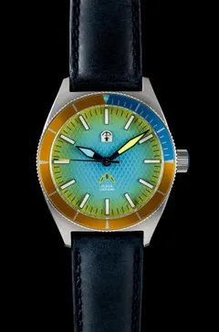 Pook Slava Ukraini with blue-to-yellow gradient dial and yellow and blue dive bezel on a black leather strap