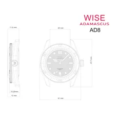 Wise Adamascus AD8 case dimension drawing (41mm, 47.7mm lug to lug, 20mm lugs, 12mm height)