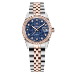 Pagani Design PD-1794L with blue monogram-textured dial, stone markers and rose-gold-tone stone-set bezel