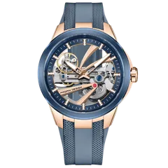 Pagani Design PD-YS030 with rose-gold-tone case, blue bezel and blue chapter ring on grey-blue rubber strap