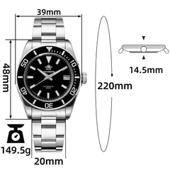 Addiesdive AD2084 dimension graphic (39mm, 48mm lug-to-lug, 14.5mm, 20mm, 149.5g)