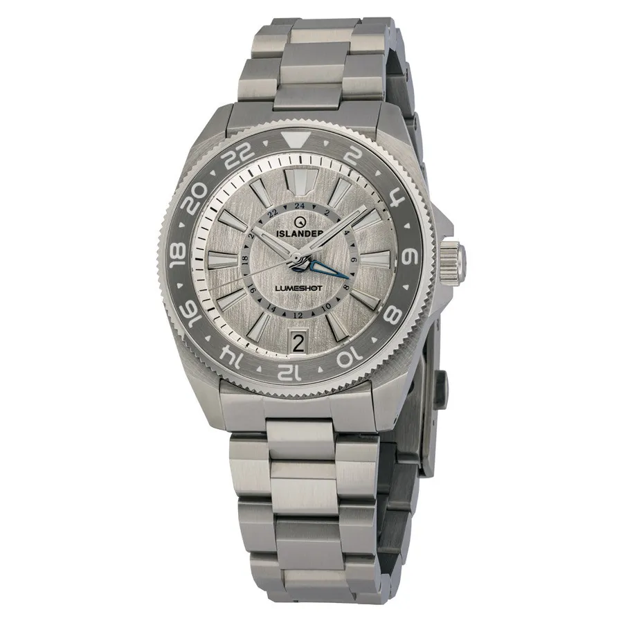 Islander Glacier GMT with silver woodgrain dial, inner 24-hour track, date at 6 and grey 24-hour bezel on steel bracelet