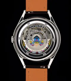 Mr Jones Khaosify Mechanical display caseback showing the printed movement and rotor