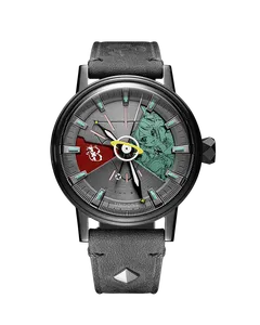 Undone hololive 6th fes. Color Rise Harmony Hakos Baelz watch with black-coated case and grey dial with red and green sectors on a grey leather strap