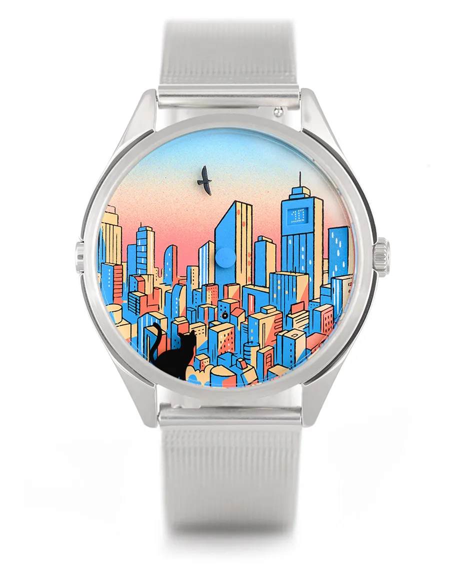Mr Jones Tadaima, Tokyo skyline at sunset with a bird and a black cat, steel case on steel mesh, front view