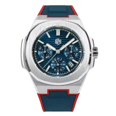 San Martin SN075-G-BR with sunray blue dial on blue and red FKM strap