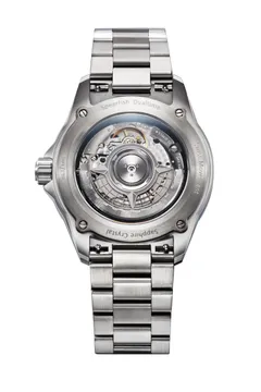 Zelos Spearfish Dual Time Ti caseback, sapphire display back held by four screws showing the custom rotor, on titanium bracelet