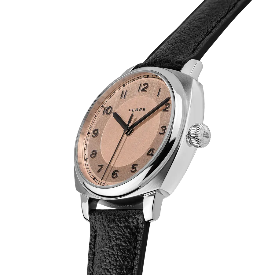 Fears Brunswick 40 Copper Salmon with brushed salmon dial and black-gold numerals on a black leather strap