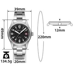 Addiesdive AD2070 dimension graphic (39mm, 49mm lug-to-lug, 12mm, 20mm, 134.5g)