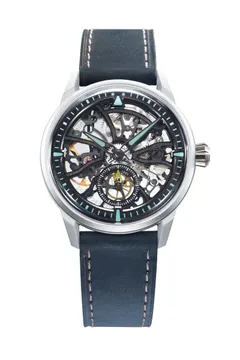 Zelos Skyraider 40 Skeleton Ti Arctic, matte white Cerakote titanium case, light-blue-lumed skeleton, on blue leather strap