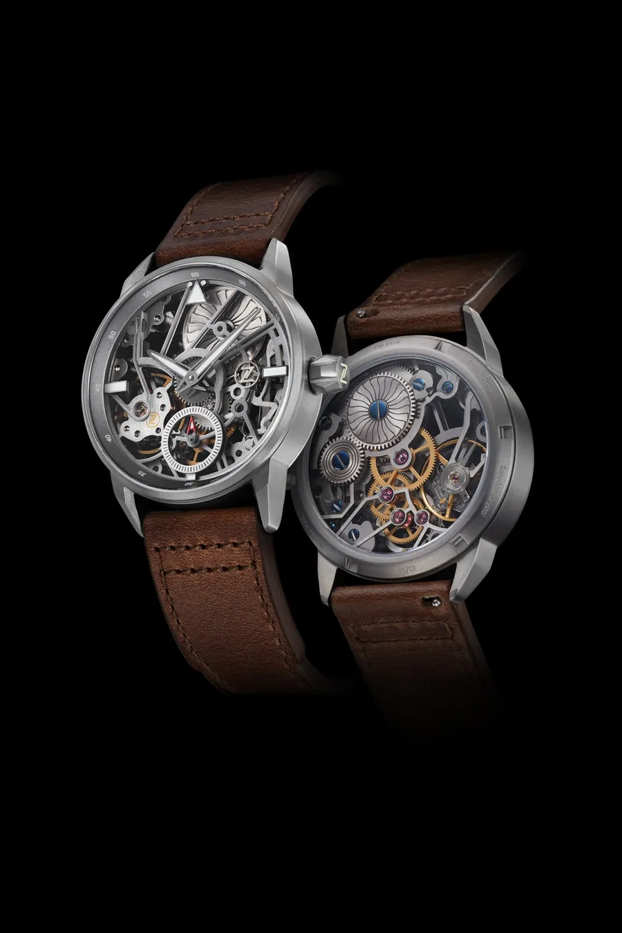 Zelos Skyraider Skeleton in titanium, skeletonised ETA 6498-1 seen from the front and through the display back, on brown leather strap
