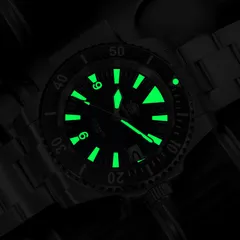 Addiesdive AD2064 lume shot, hands, markers and bezel pip glowing green
